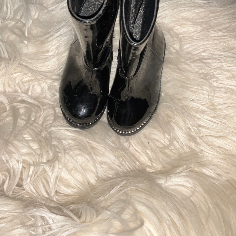 Black Patent Leather Rhinestone Riding Boots - Picture 2 of 6